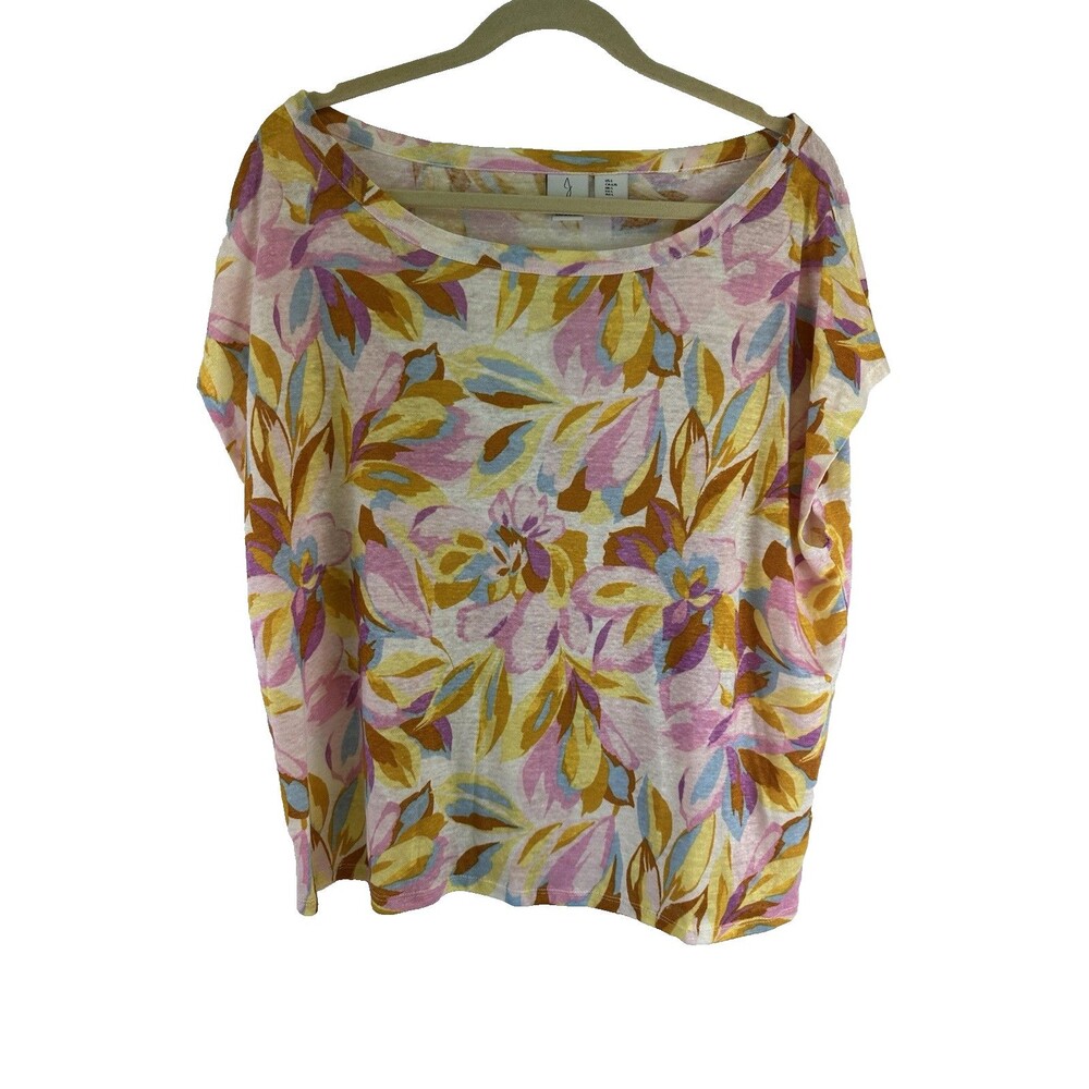 Joie Linen‎ Top Floral Boxy Pullover Boat Neck Lightweight Breathable Pink Large